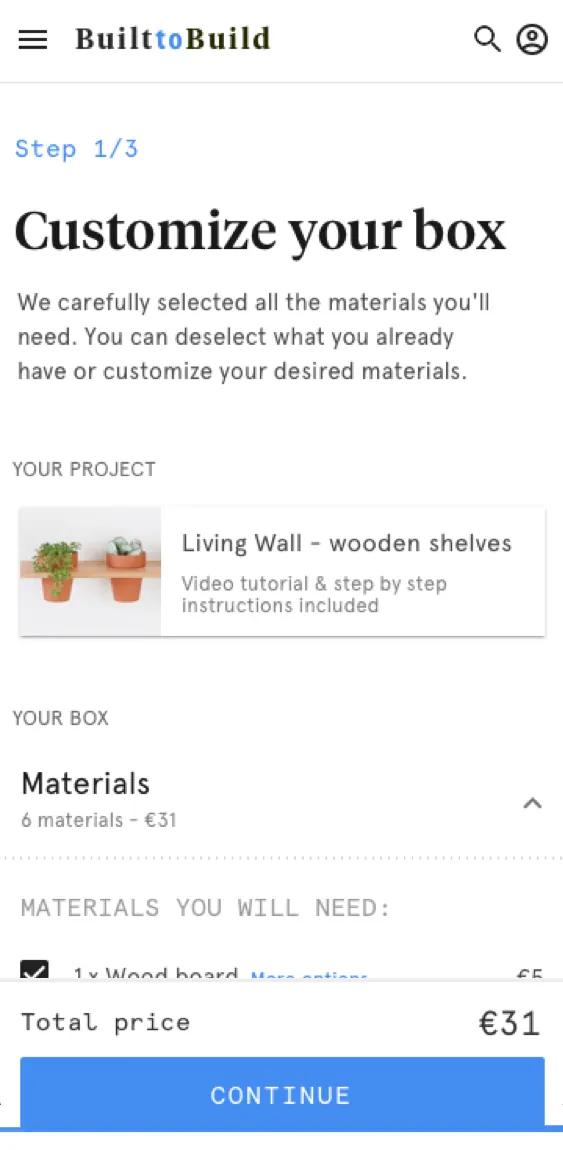 Step one of three, customizing the box: the chosen project, six materials at 31 euros, and a checklist of what the job needs