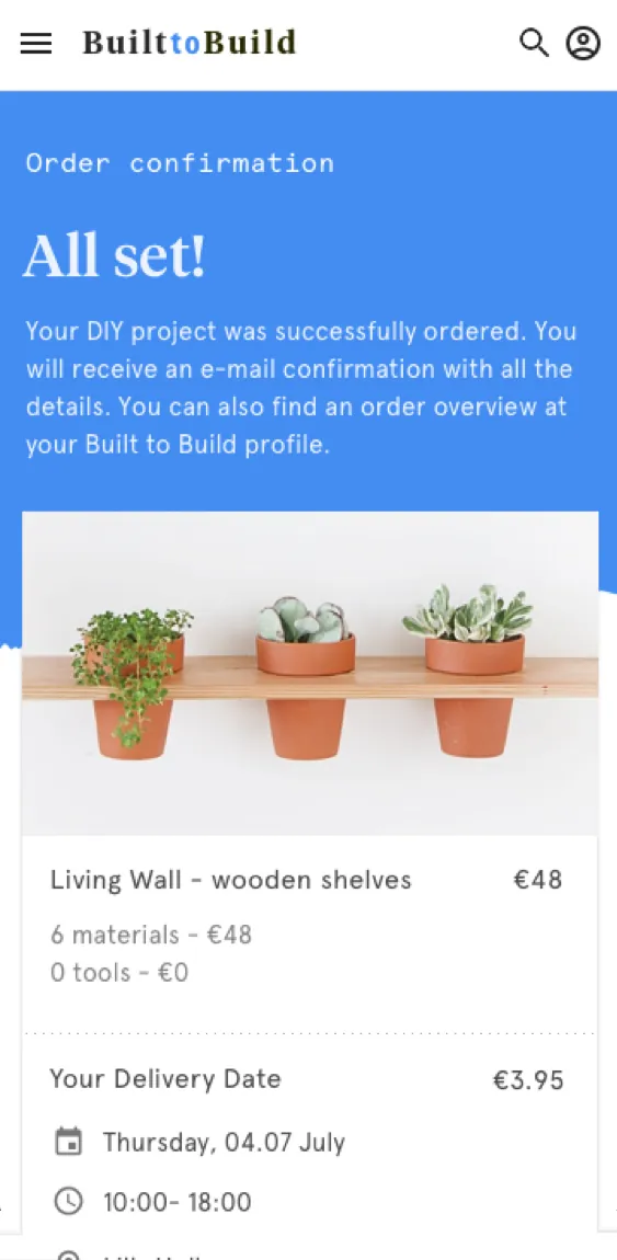 The order confirmation: the Living Wall project at 48 euros, six materials, no tools, and a delivery window on Thursday between 10 and 18