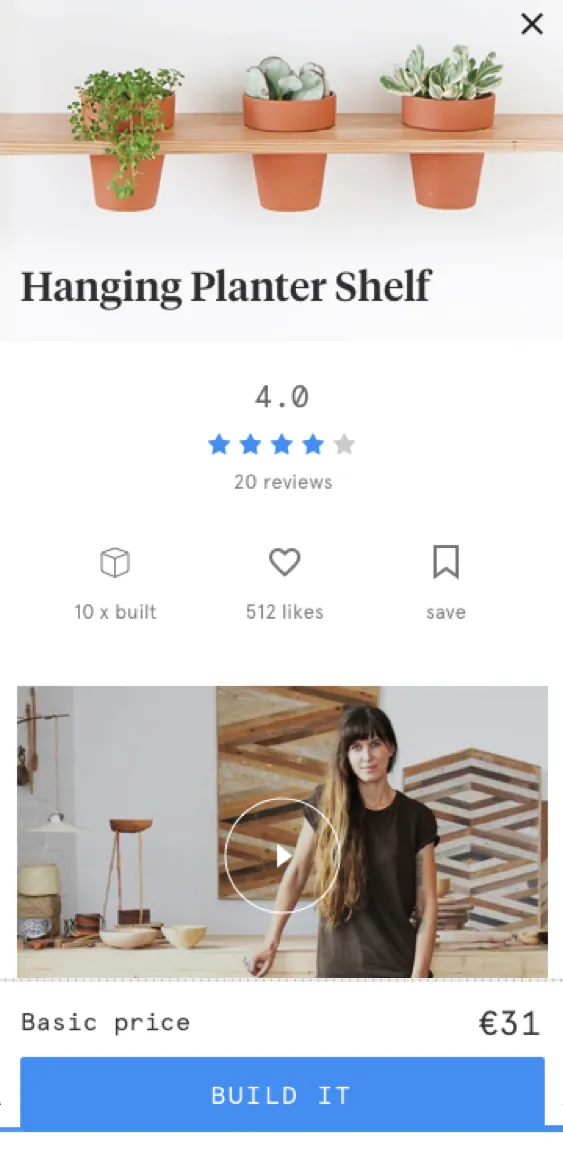 A project page for a hanging planter shelf, rated 4.0 from 20 reviews, with a build video and a basic price of 31 euros