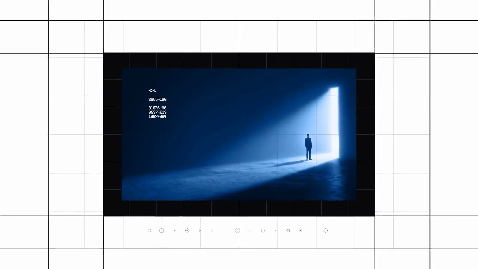 A frame from the Catalyst film: a lone figure at a lit doorway, the photograph composed inside the blueprint grid with a data readout in the corner