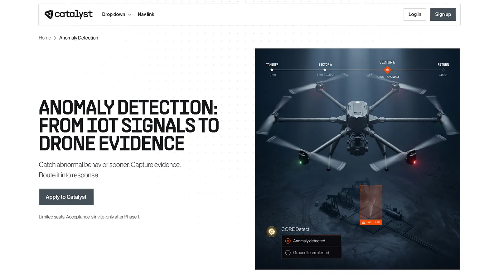 A Catalyst track page for anomaly detection: a drone flying a marked route over a wellsite, a thermal inset of the gas leak, and the CORE Detect card confirming the ground team was alerted