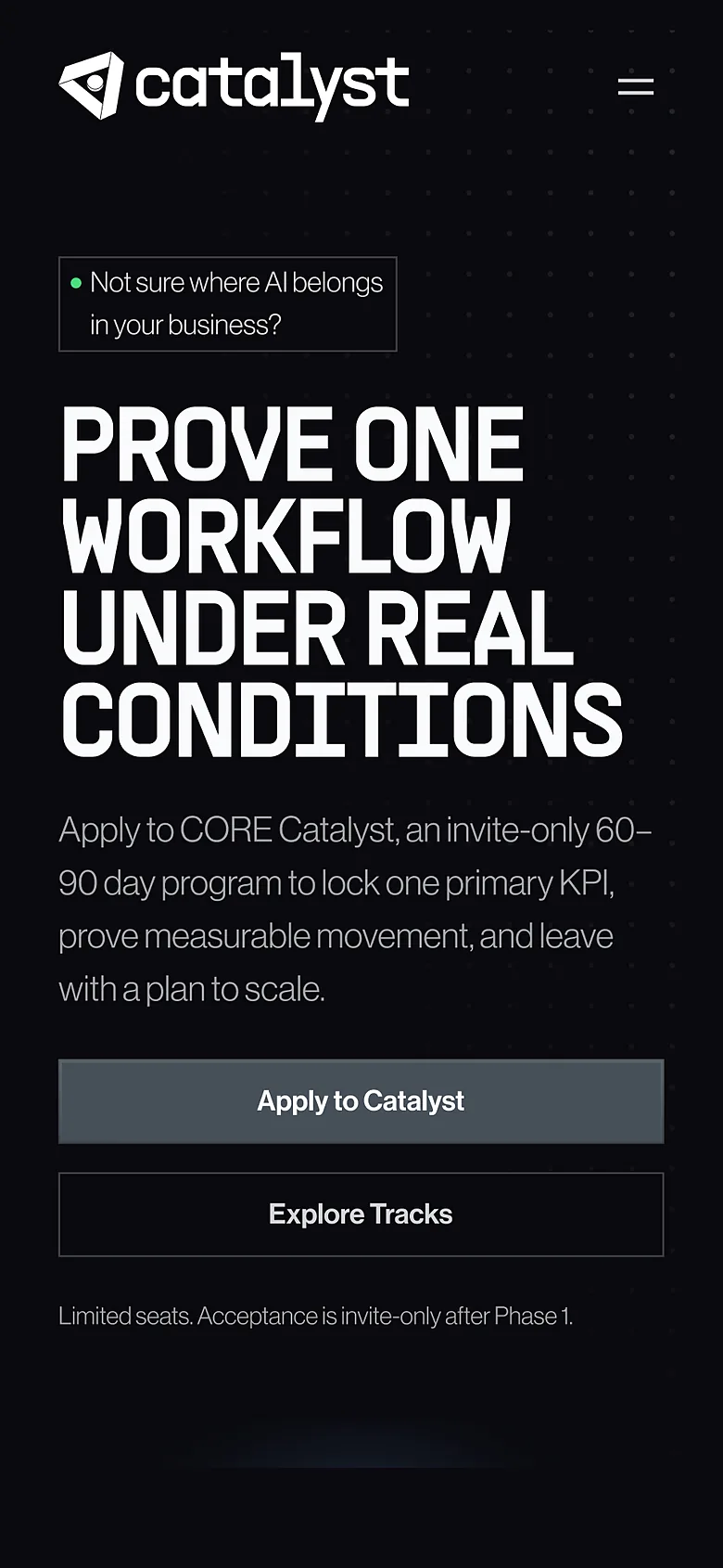 The Catalyst homepage at mobile width in dark mode, carrying the same headline and the same actions