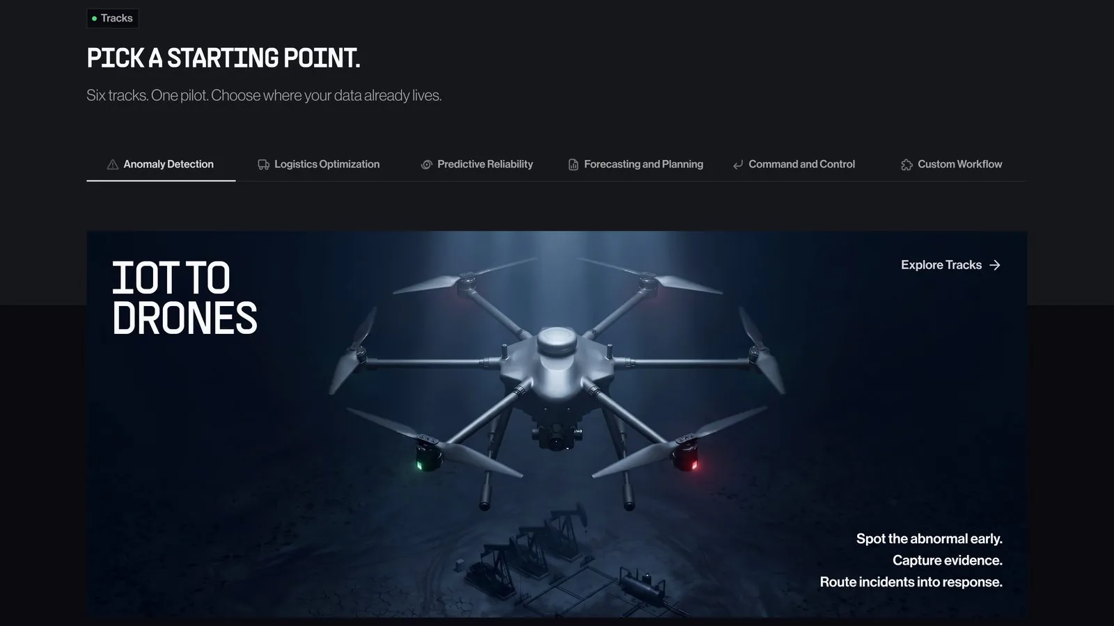 Six entry tracks in dark mode, from IoT to drones, each a scoped starting point