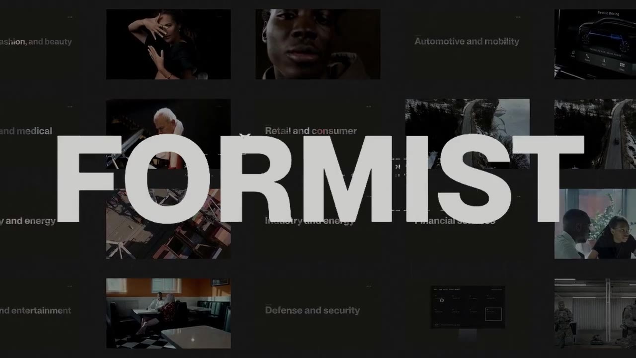 A field of eight sectors, each holding a frame of work, with the wordmark registered across it.