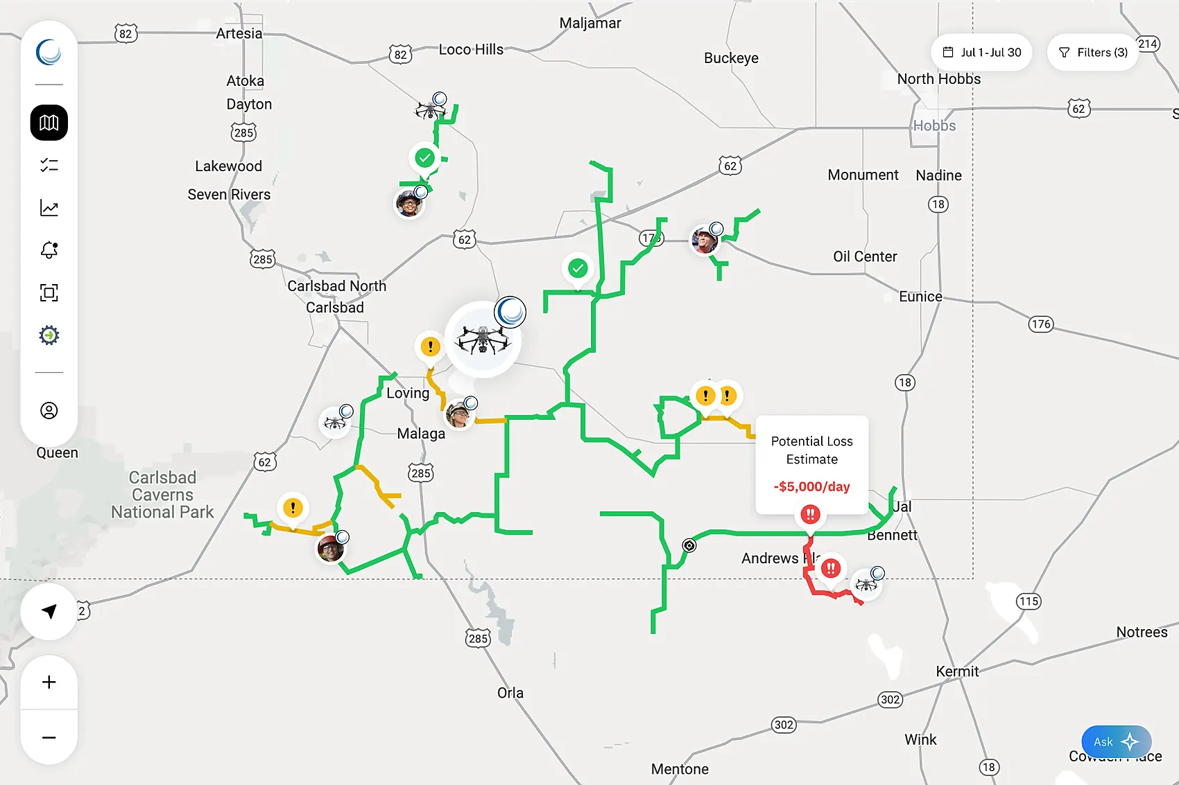 The Flow basin overview on a tablet, showing pipeline segments colored by status, active alerts, and a potential loss estimate