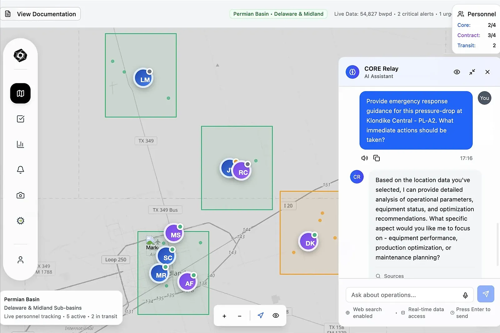 The Horizon basin overview on a tablet, with live personnel tracking on the map and the Relay assistant open beside it