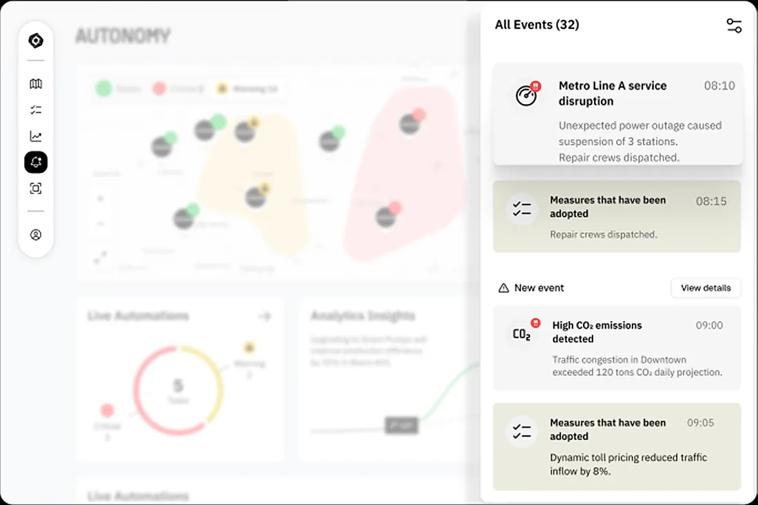 The Autonomy module on a tablet: a zoned map beside a live event feed, each event paired with the measure already adopted