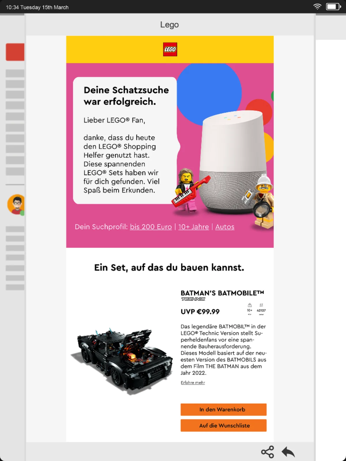The confirmation e-mail from the LEGO Shopping Helfer on a tablet, carrying the search profile the conversation captured and the Batmobile set it found