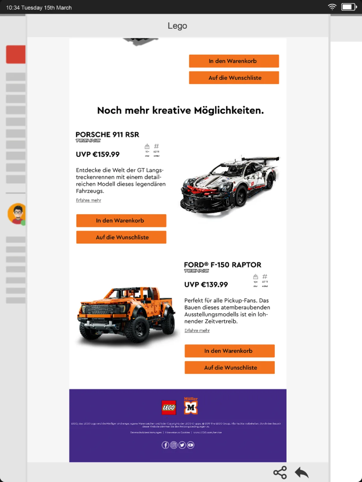The same e-mail further on, offering two more LEGO Technic sets, each with a price, a description, and a route to the basket