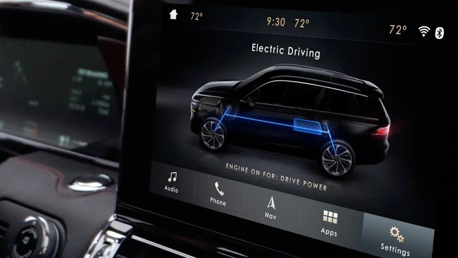 Lincoln center stack showing the Electric Driving state with the vehicle energy graphic