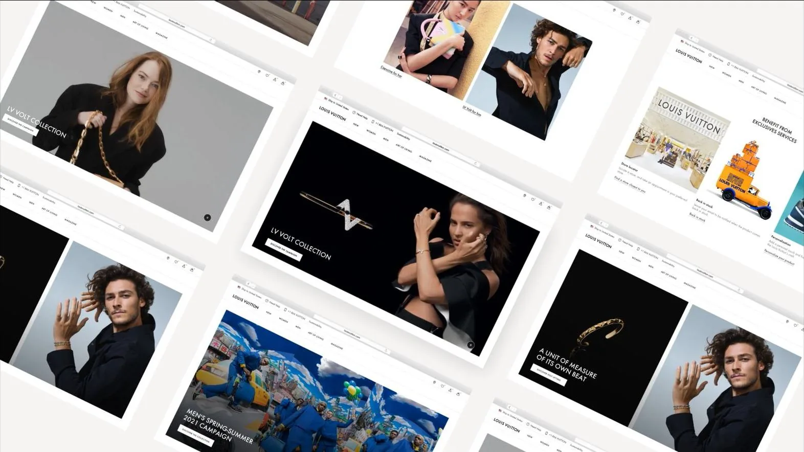 Louis Vuitton desktop pages in a grid: campaign, collection, and client service screens