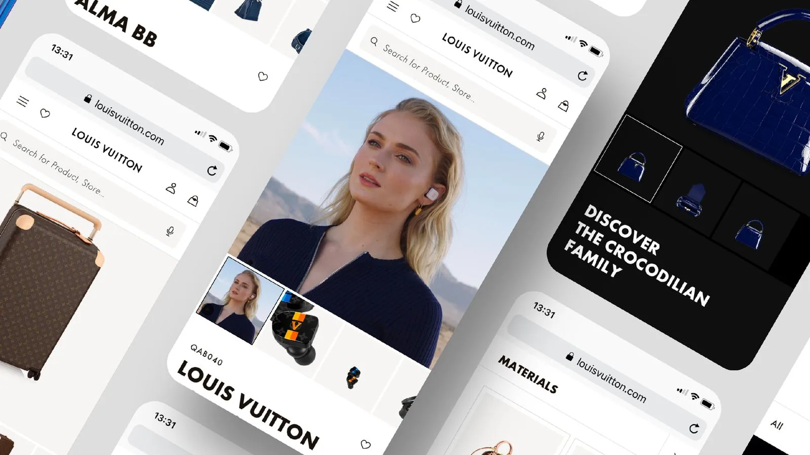 Louis Vuitton mobile product pages: Alma BB, ready-to-wear, and the Crocodilian family in one system