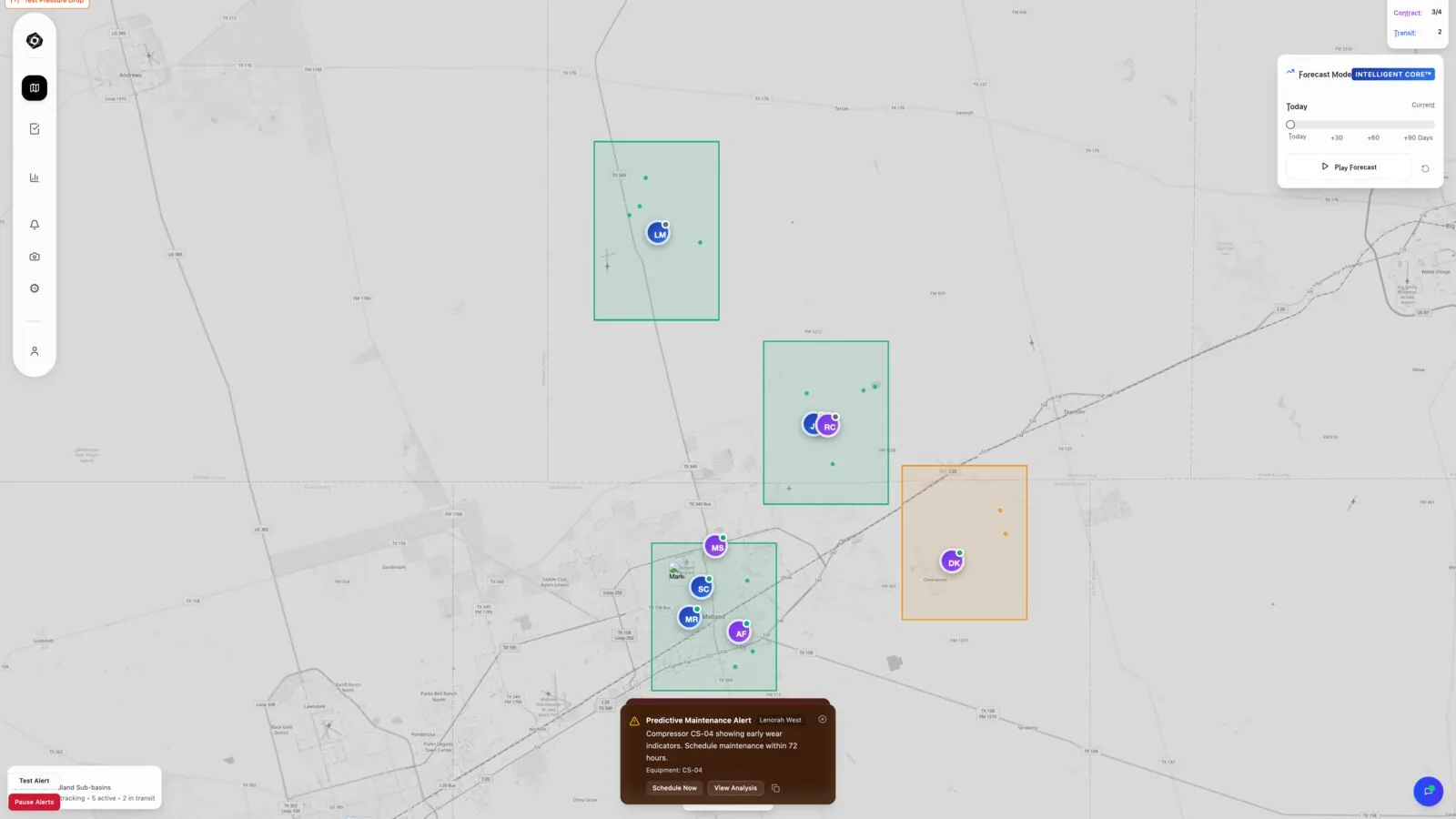 CORE Flow basin overview: live field map with monitored zones and a predictive maintenance alert