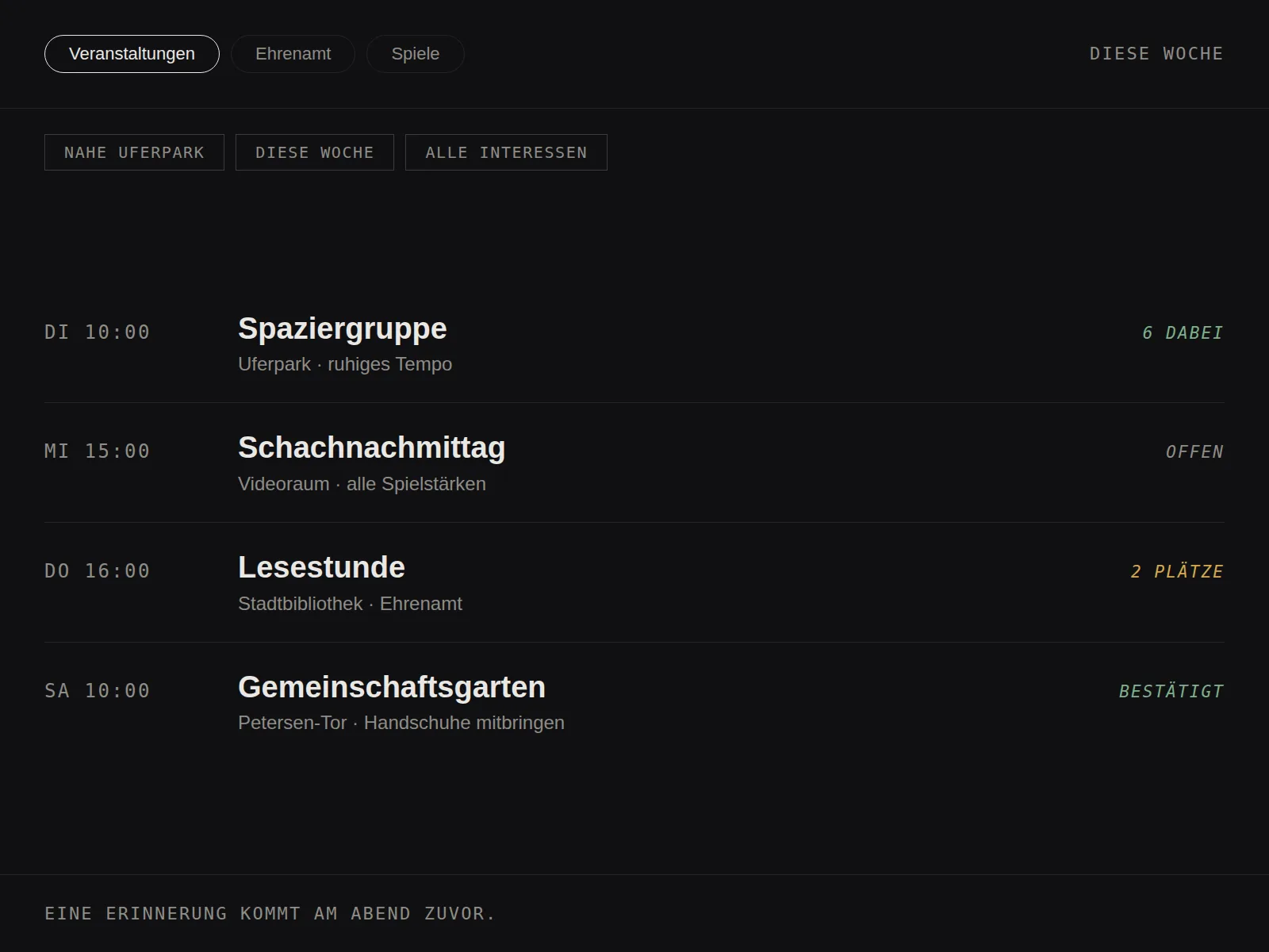 Der Veranstaltungskalender auf einem Tablet, nachgebaut in der Formsprache des Studios: eine Woche voller Aktivitäten und eine Ehrenamtsstunde, gefiltert nach nah und bald