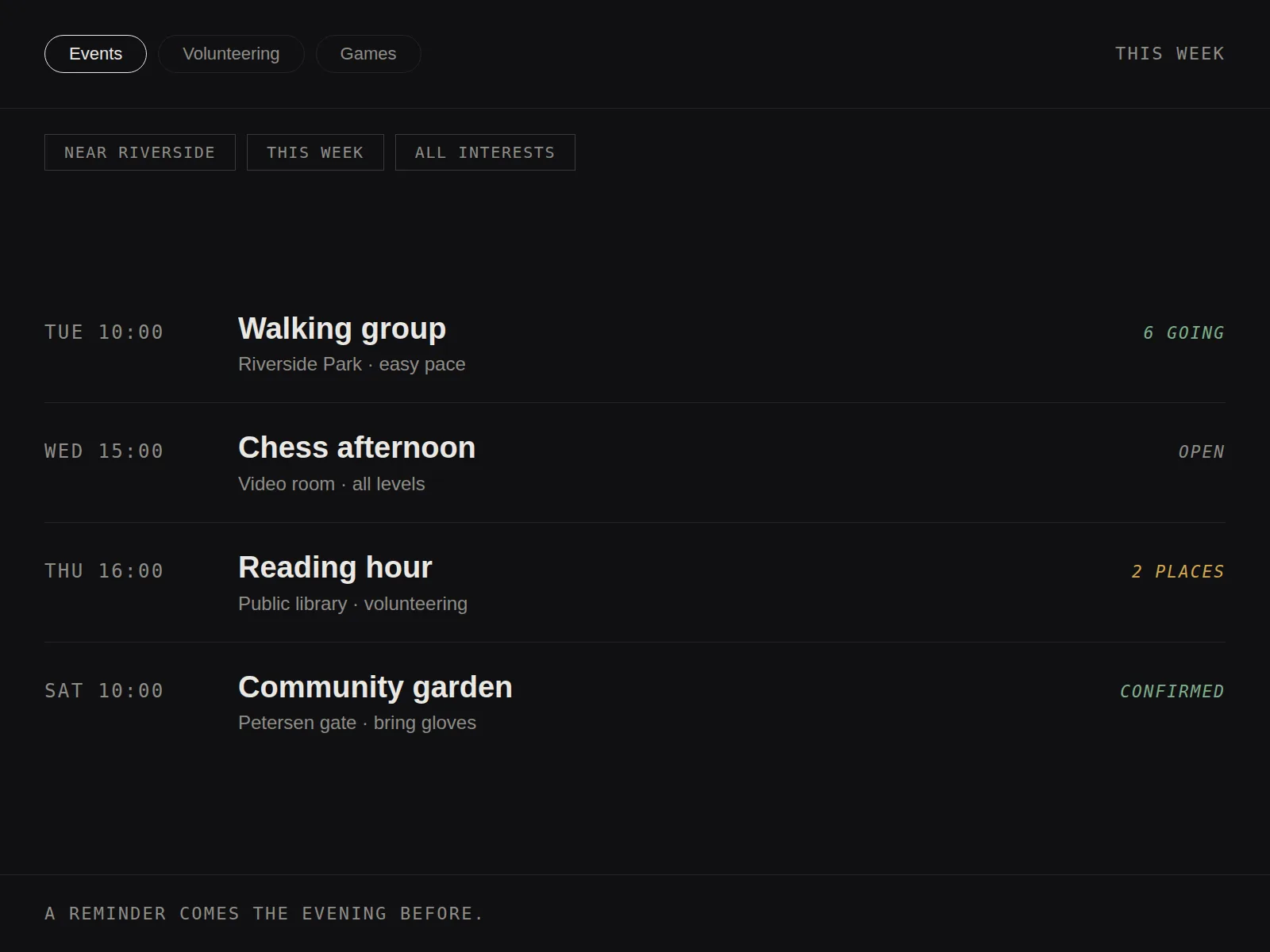 The events calendar on a tablet, rebuilt in the studio&rsquo;s design language: a week of activities and one volunteering hour, filtered to near and soon
