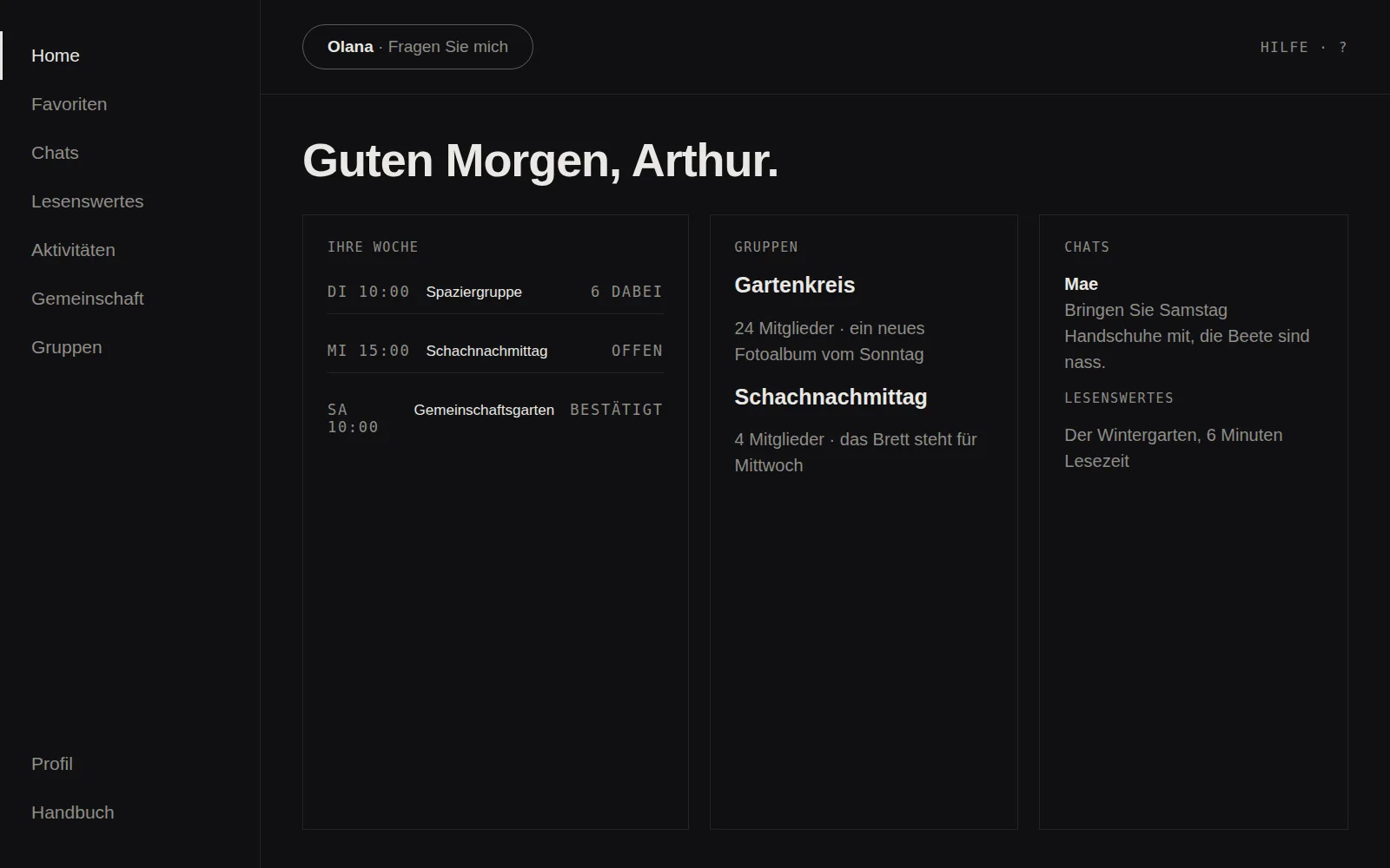 Der Home-Bildschirm am Desktop, nachgebaut in der Formsprache des Studios: die Pläne der Woche, ein Gartenkreis, ein Beitrag aus Lesenswertes und ein Chat unter einem Gruß