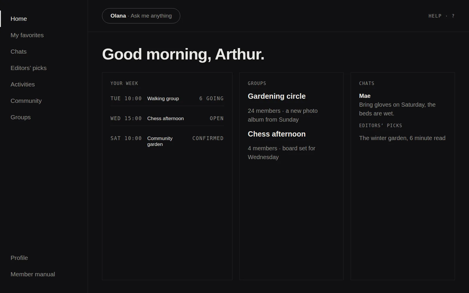 The home screen at desktop, rebuilt in the studio&rsquo;s design language: the week&rsquo;s plans, a gardening circle, an editors&rsquo; pick, and a chat, under one greeting