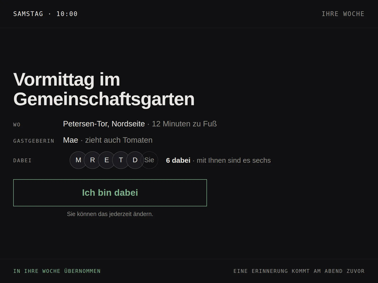 Das Treffen im Detail auf einem Tablet: Samstag 10:00 im Gemeinschaftsgarten, 6 dabei, eine große Bestätigen-Aktion