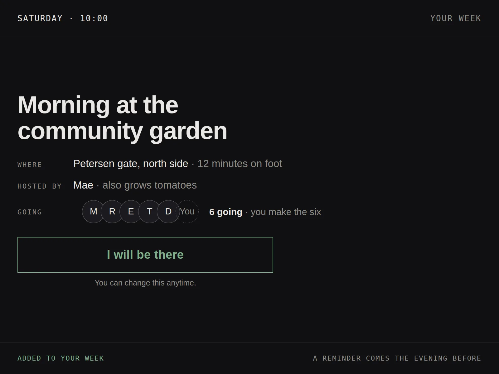 The meetup detail on a tablet: Saturday 10:00 at the community garden, 6 going, one large confirm action