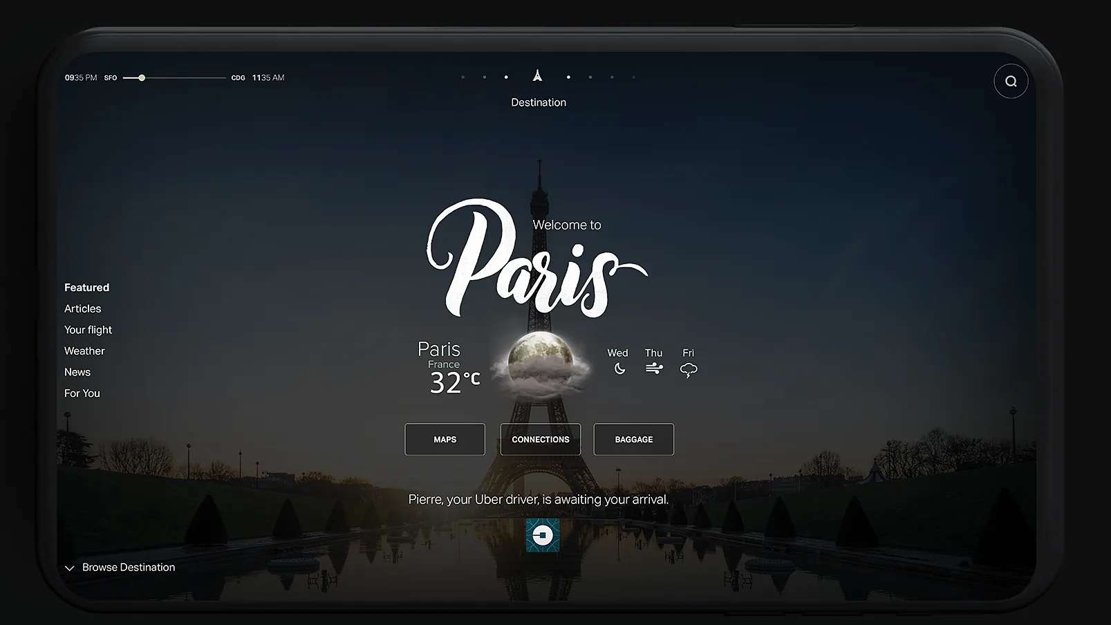 Platinum Sky seat-back screen on arrival into Paris, with weather, articles, flight and baggage information in one view