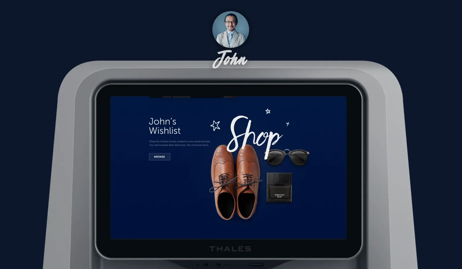 A frame from the Thales film: a seat-back screen carrying one passenger&rsquo;s own wishlist, with his name and portrait above the unit