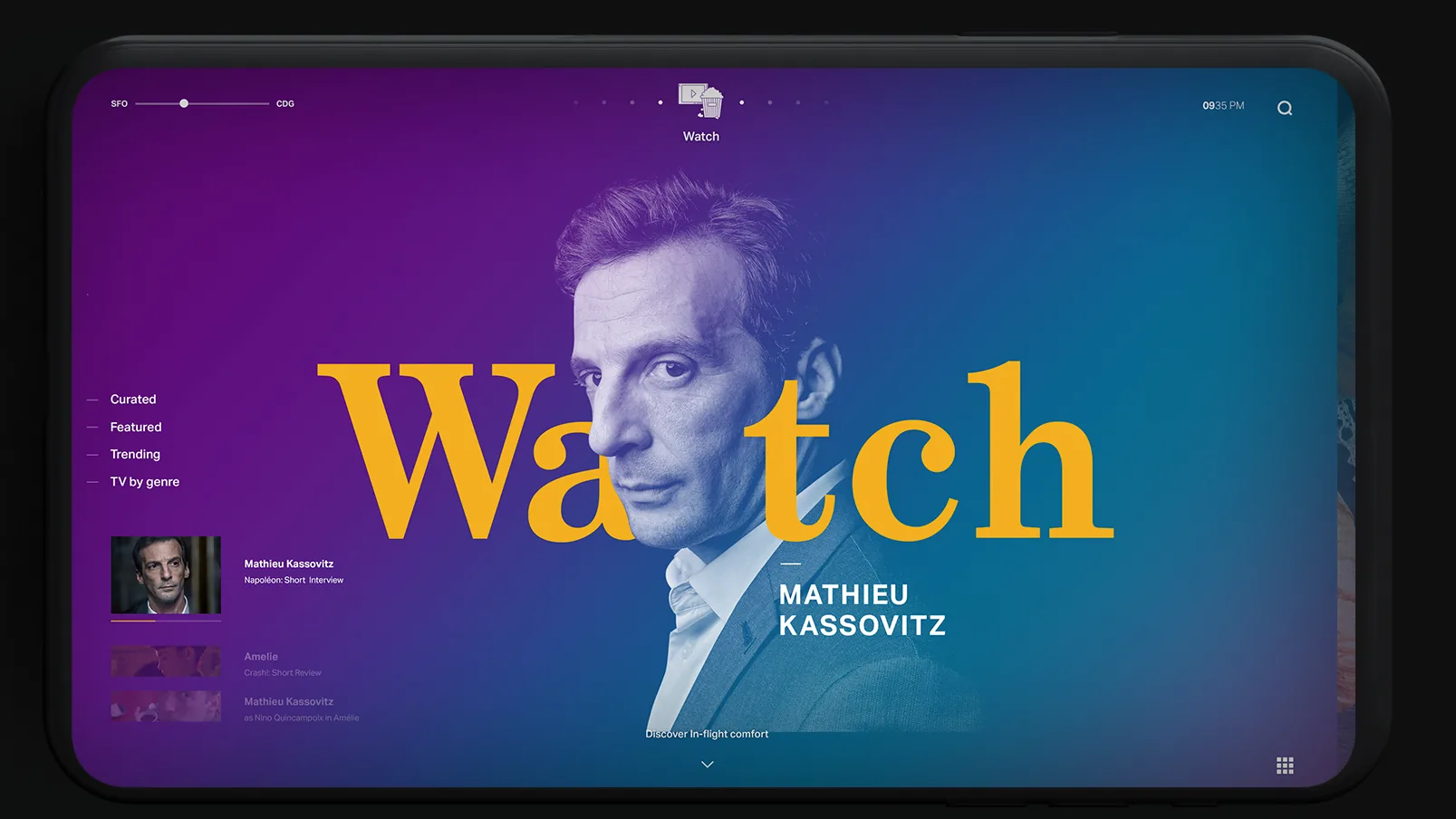 Platinum Sky Watch screen with a featured title and rails for curated, featured, and trending content